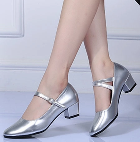 Silver Pumps Mary Jane shoes for women block heel ankle strap buckle pointed toe ladies shoes dance work outdoor party wedding
