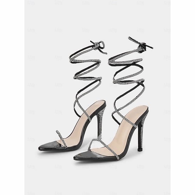 Stiletto Women's Sandals Sexy Lace-Up  Rhinestone Black Celine Triomphe Sandals