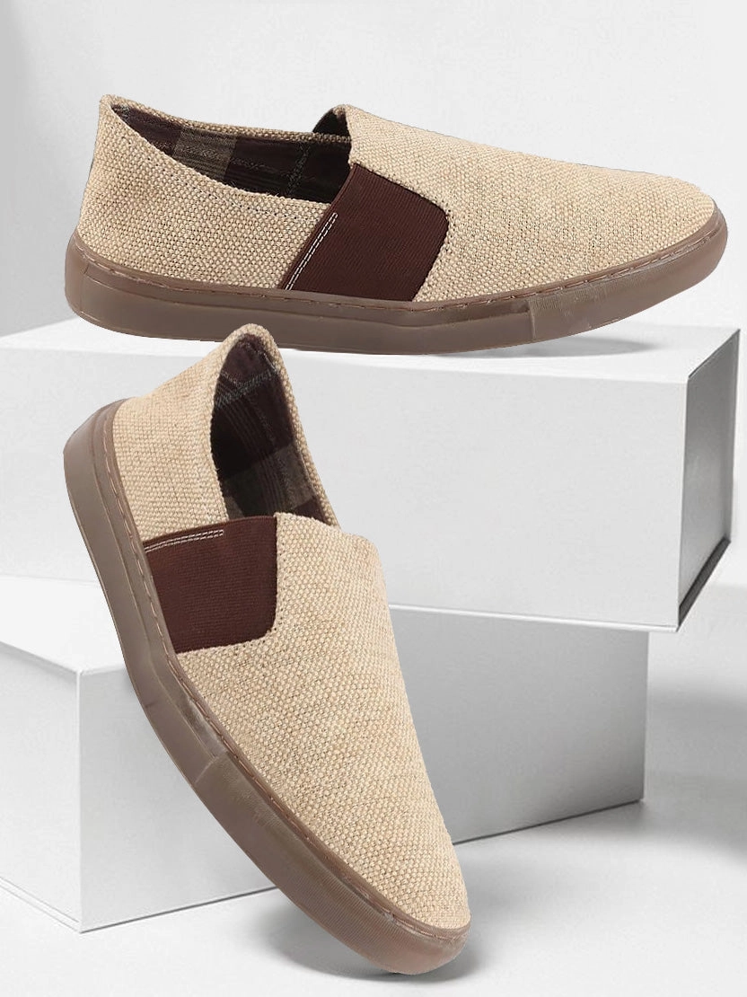 Business Casual Walking Shoes Men Beige Colorblocked Classic Jute/Fabric Slip On Canvas Sneaker Slip On Casual Shoes