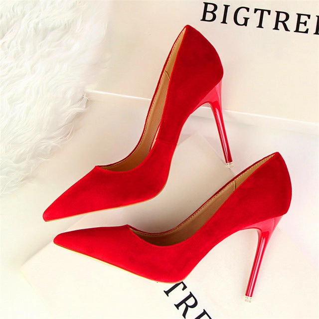 Fashion Women's High Heels Shallow Office Shoes New Arrival  Solid Flock Pointed Toe Women Pumps Super High Sexy Shoes 9 Colors Mid Calf Heel Boots