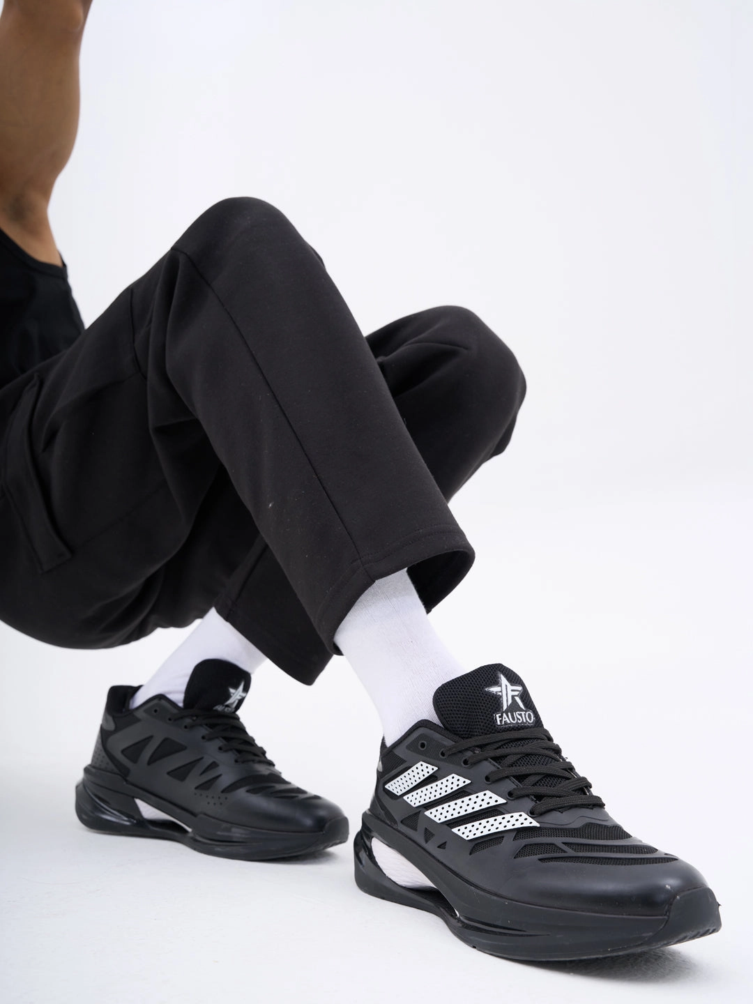 FAUSTO Men Black Breathable Sport Shoes|Memory Cushion And Anti-Skid Bounce Back Phylon Sole|Athleisure Running Shoes|Lace Up Walking Shoes|Gym Shoes Crazy Horse Leather Platform Casual Shoes