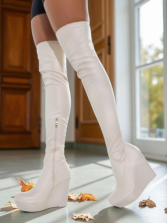 Knee the Wedge Over Women's Black - Heel Faux Boots Leather Cheros Boots