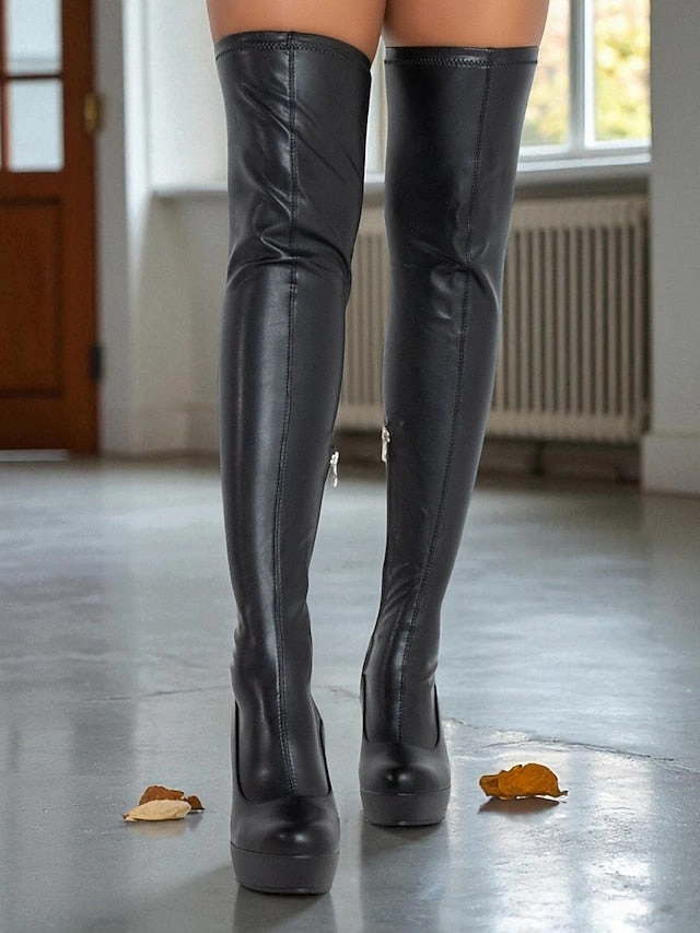 Knee the Wedge Over Women's Black - Heel Faux Boots Leather Tough 1 Thick Gum Rubber Slip-on Bell Boots Large