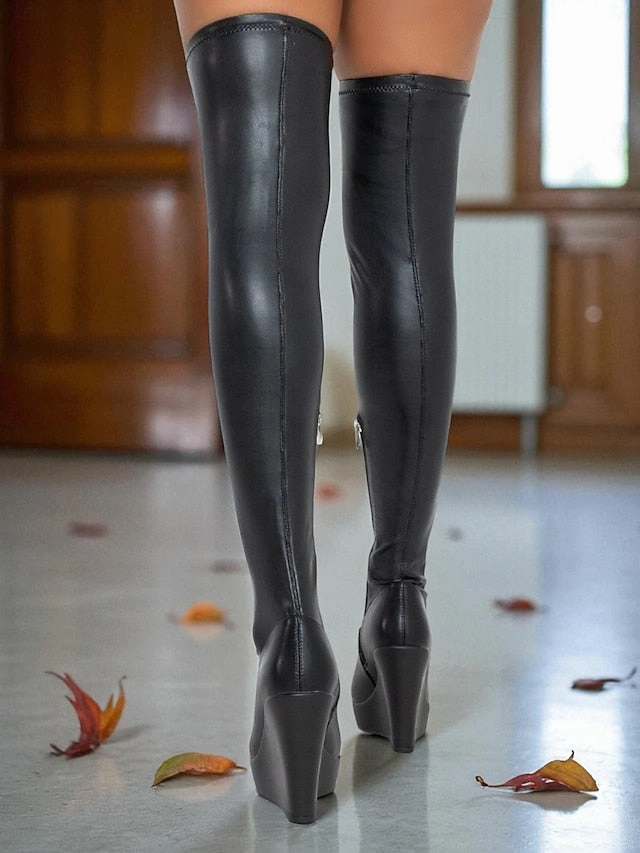 Knee the Wedge Over Women's Black - Heel Faux Boots Leather Leather And Boots