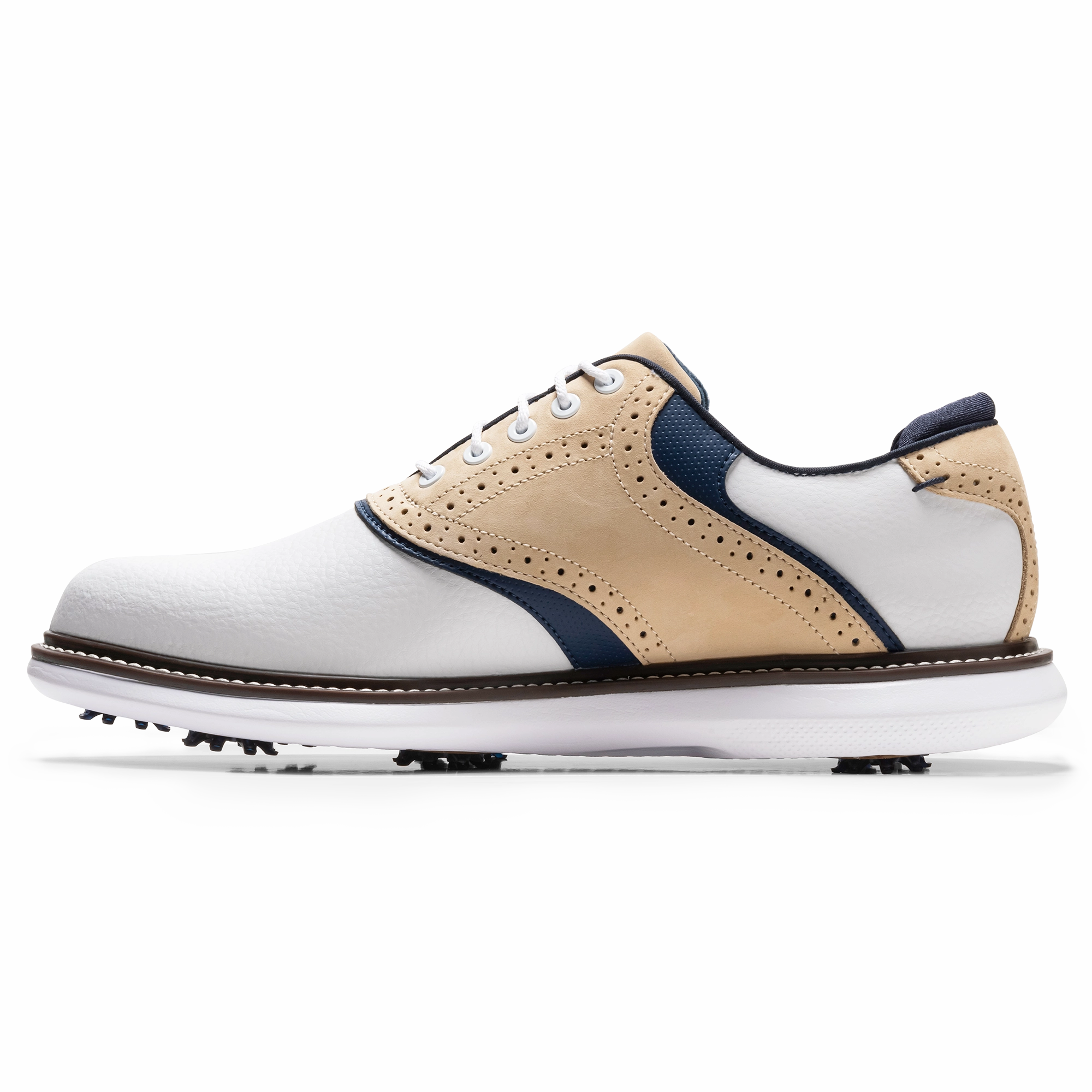 FootJoy Men`s 2025 Traditions Golf Shoes - White/Tan/Navy Waterproof Hiking Shoe