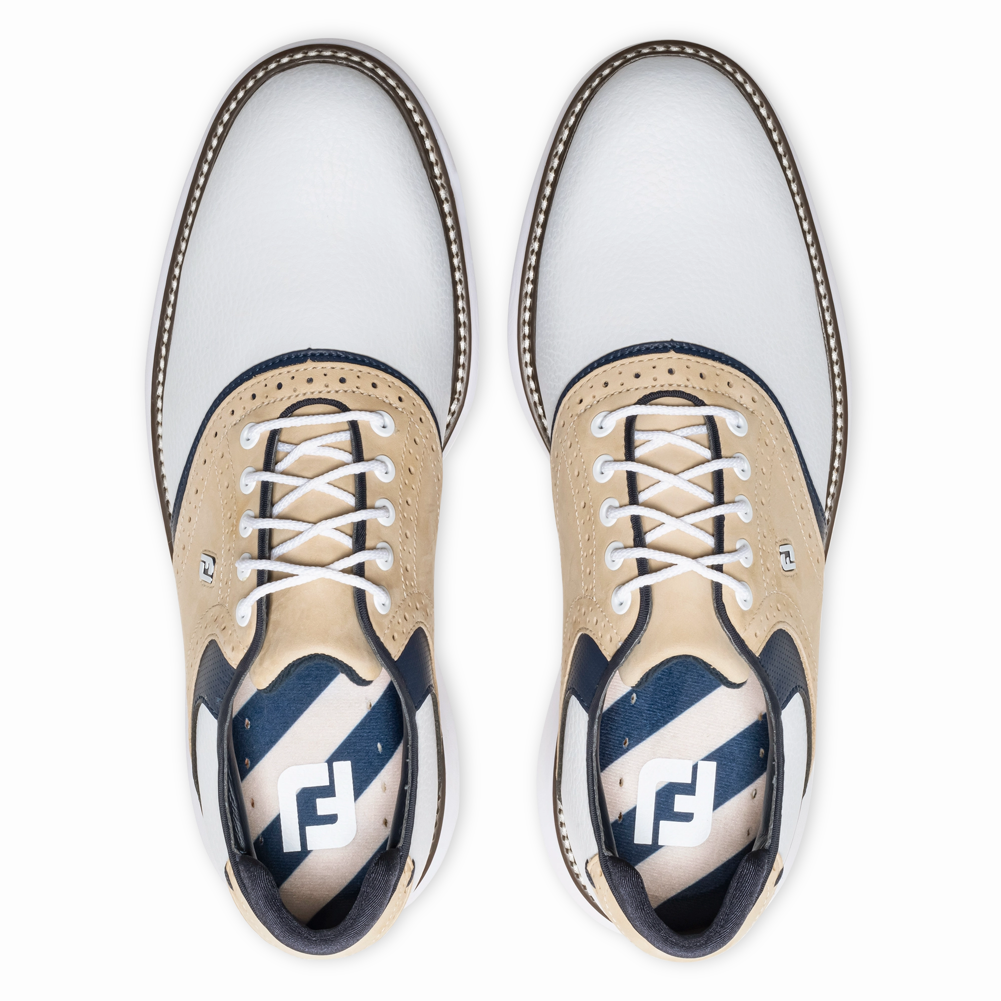 FootJoy Men`s 2025 Traditions Golf Shoes - White/Tan/Navy Wirecutter Waterproof Shoes