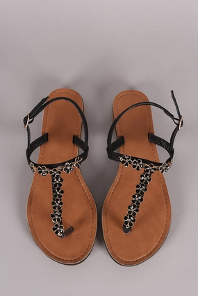 Flower Embellished T-Strap Slingback Flat Sandal Flat Wide Wedding Shoes