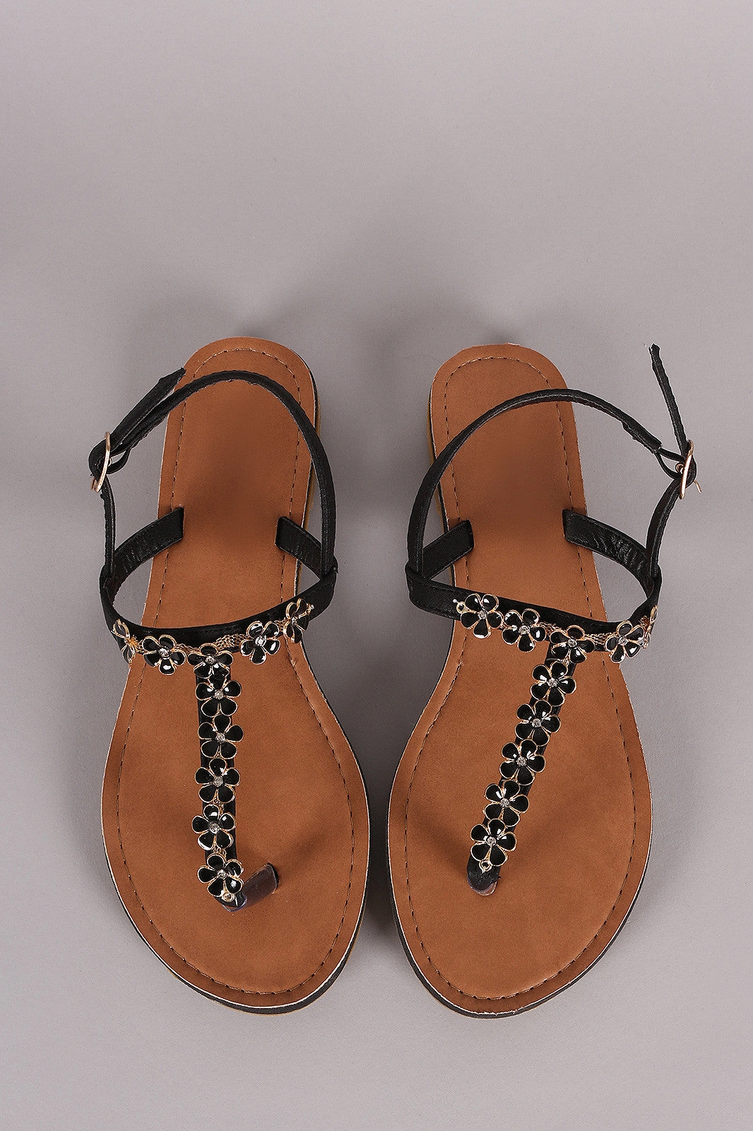 Flat Pedal Shoe Flower Embellished T-Strap Slingback Flat Sandal