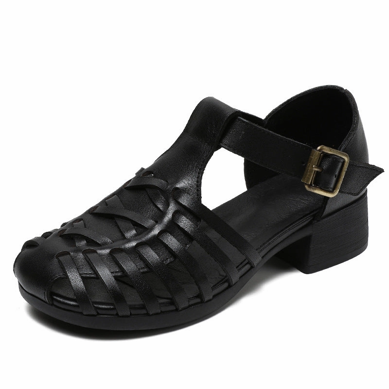 Women Retro Plaited Leather Summer Low Block Sandals Closed Toed Sandals
