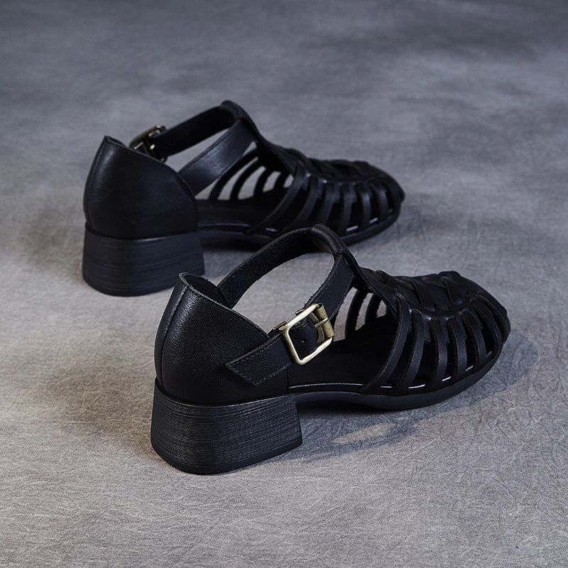 Women Retro Plaited Leather Summer Low Block Sandals Malibu Sandals