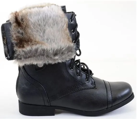Fur Cuff Military Lace Up Vegan Boot Black Combat Boots Near Me