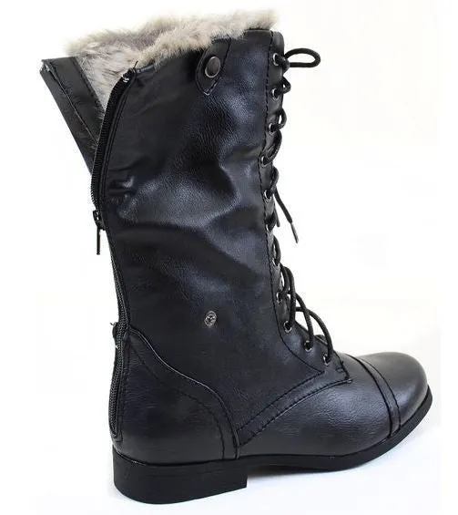 Kids Combat Boots Fur Cuff Military Lace Up Vegan Boot Black