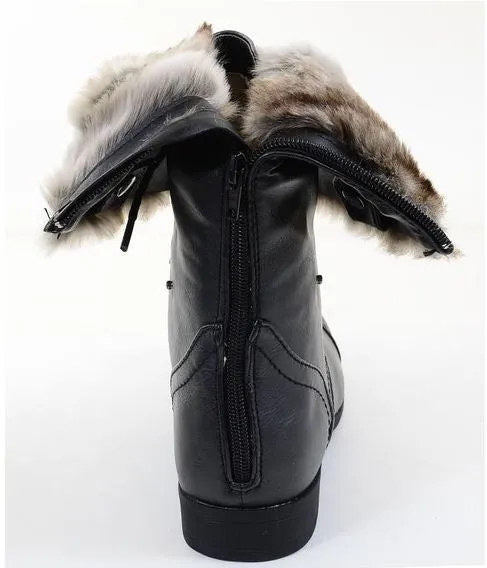 Combat Boots Pocket Fur Cuff Military Lace Up Vegan Boot Black