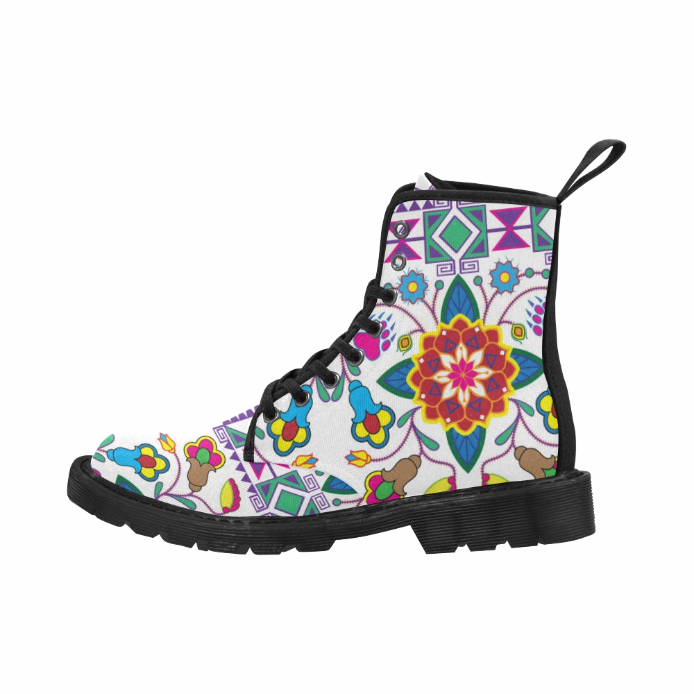 Geometric Floral Winter-White Boots for Women (Black) Flat Boots Knee High