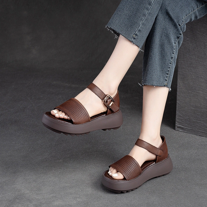 Strappy Sandals Platform Women Retro Solid Leather Summer Platform Sandals