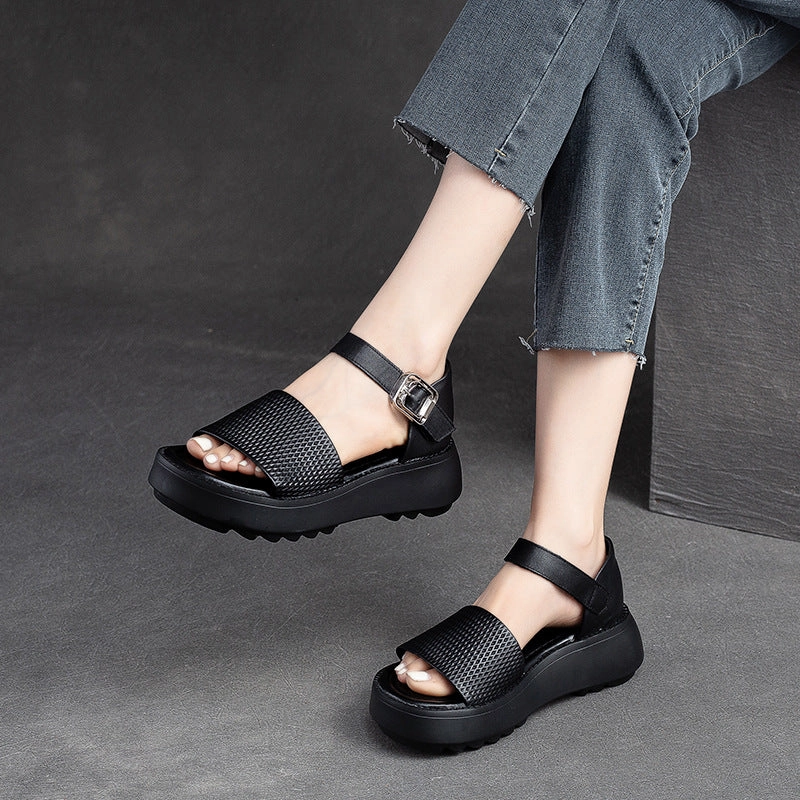 Women Retro Solid Leather Summer Platform Sandals Sandals Affiliate Program