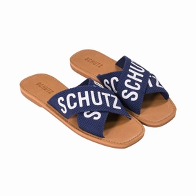 Schutz Women's Blue Oxford Flat Sandal Sandals Resort Montego Bay Jamaica