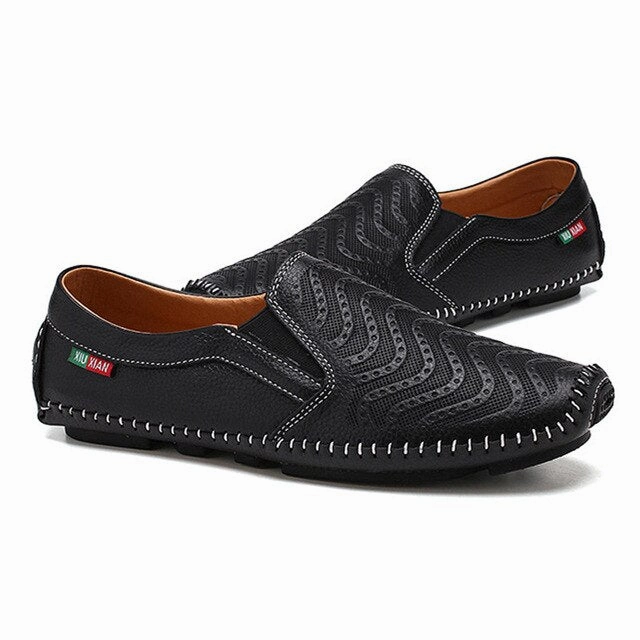 Flat Base Shoes 2020 Genuine Leather Shoes Men Loafers Slip-on Men Casual Shoes Flat Cow Leather Male Driving Footwear Black White KA2401