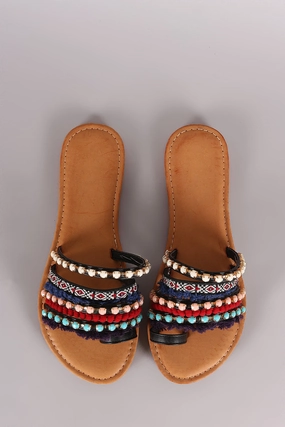 Skechers Flat Shoes Bamboo Strappy Jeweled Toe Ring Slide Flat Sandal