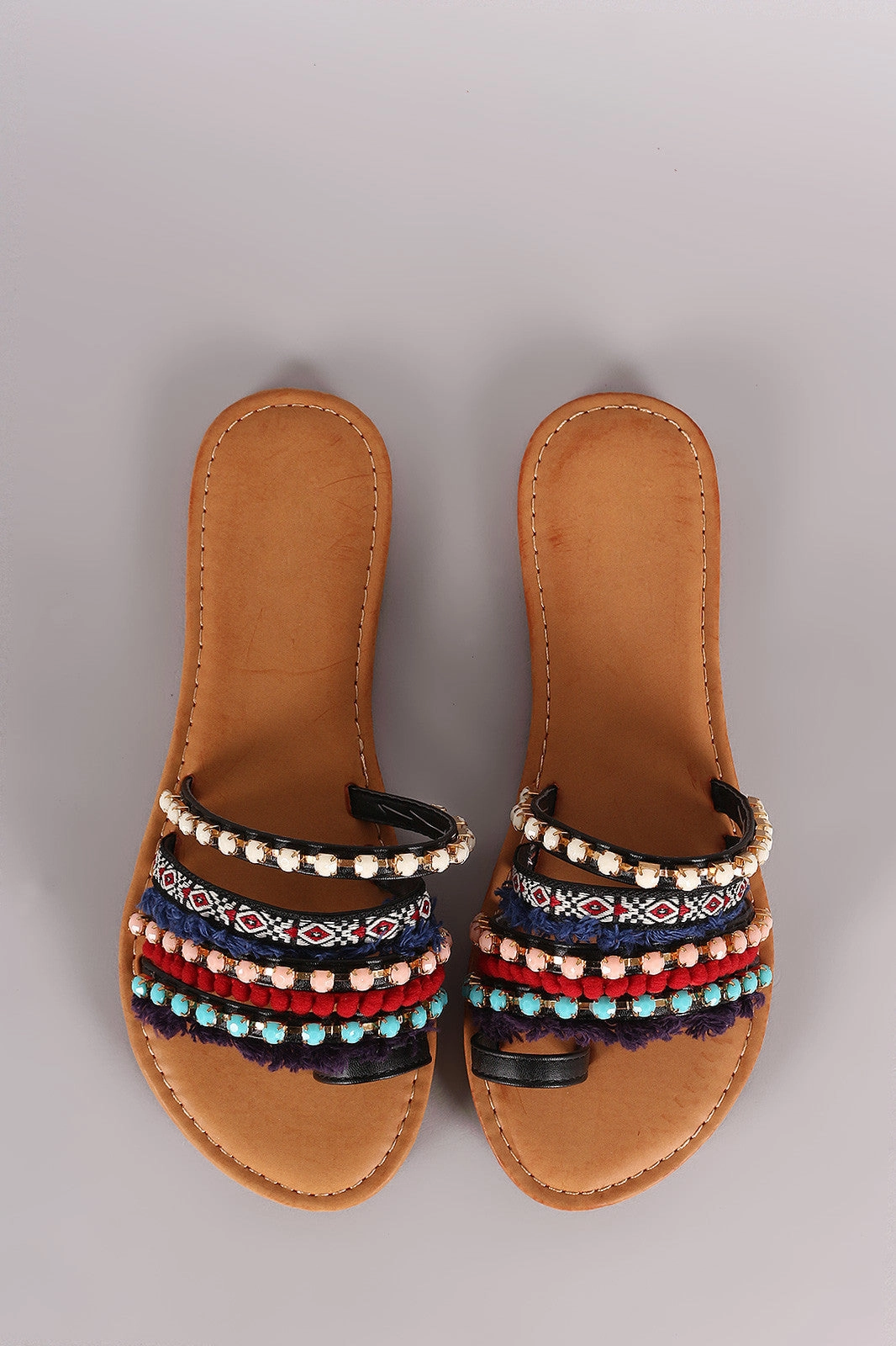 Flat Pointed Toe Shoes Bamboo Strappy Jeweled Toe Ring Slide Flat Sandal