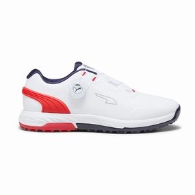 PUMA ALPHACAT Nitro Disc Men's Spikeless Shoes (White/Red/Navy) Golf Slip On Shoes