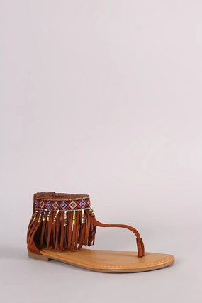 Bamboo Suede Embroidered Fringe Cuff T-Strap Flat Sandal Flat Shoes That Look Like