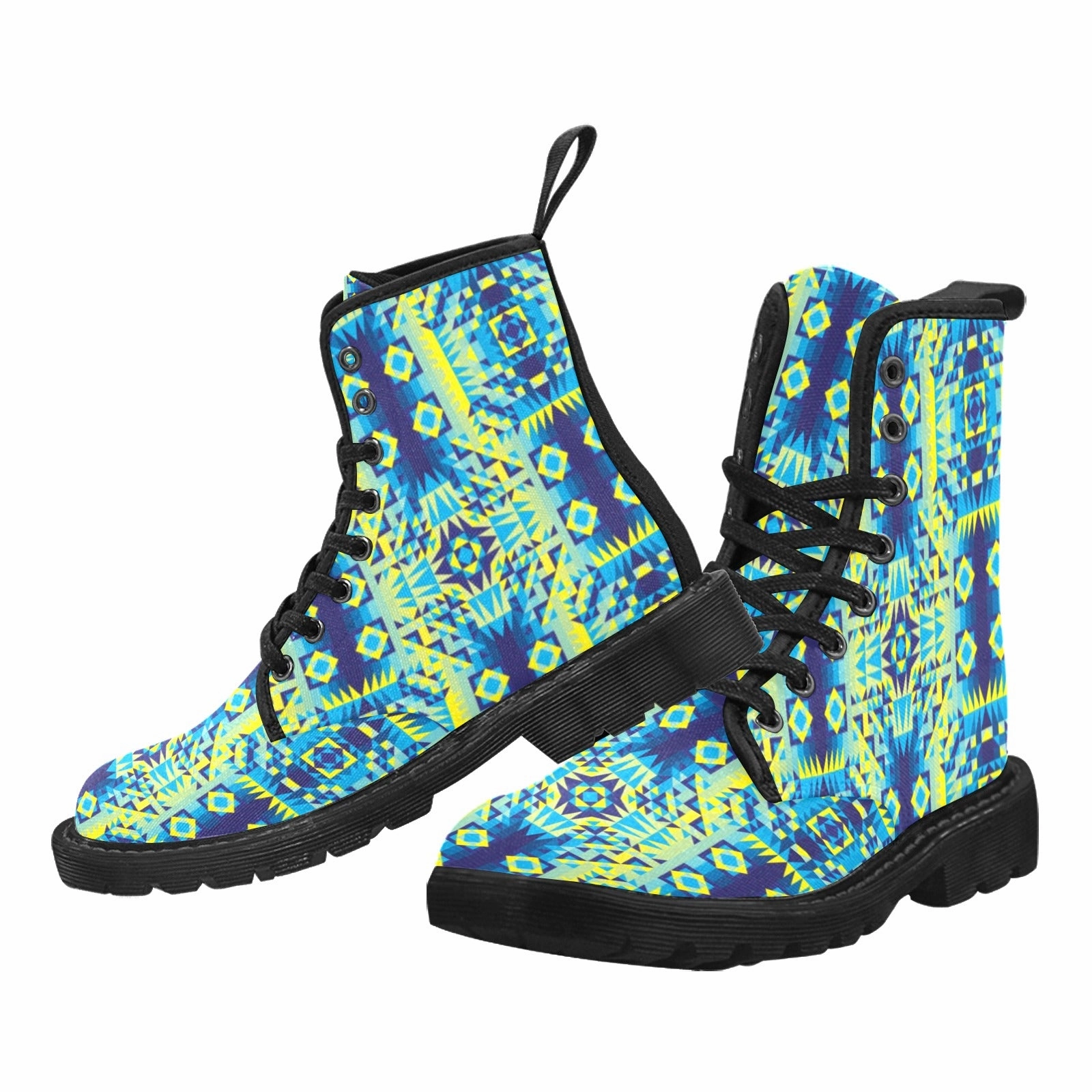 Kaleidoscope Jaune Bleu Boots for Women (Black) Boots With White