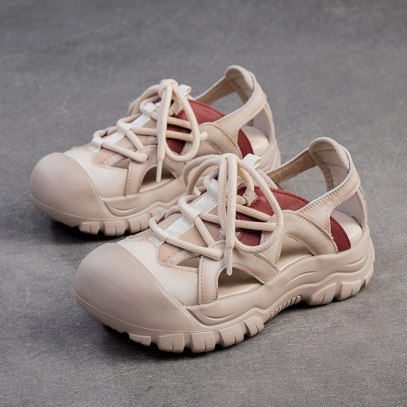 Women Summer Hollow Leather Soft Lace-up Sandals Knot Sandals