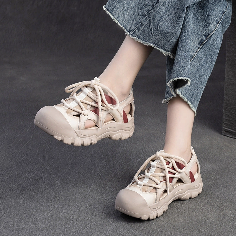 Women Summer Hollow Leather Soft Lace-up Sandals Sandals With Toe
