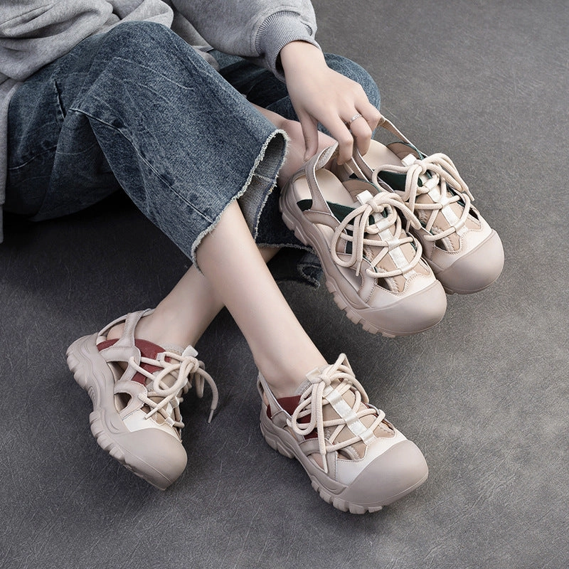 Women Summer Hollow Leather Soft Lace-up Sandals Caterpillar Sandals