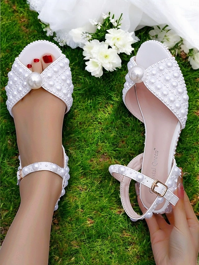 Low White Heel  Pearl-Embellished Sandals Women's