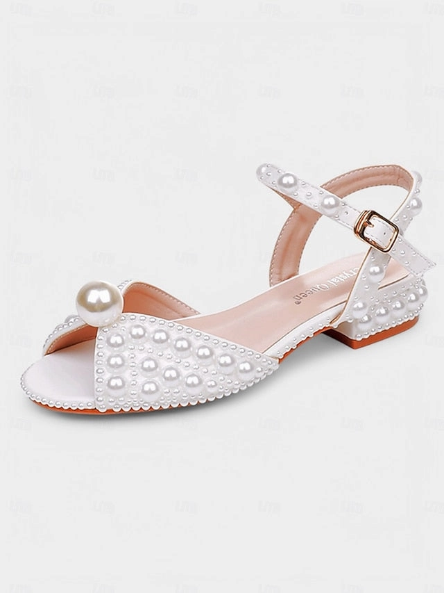 Low White Heel  Pearl-Embellished Sandals Women's