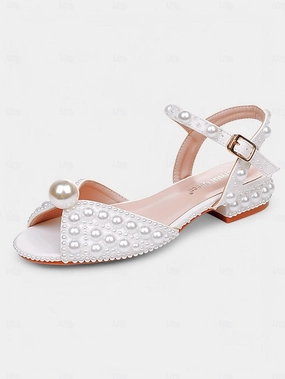 Mk Kors Sandals Low White Heel  Pearl-Embellished Sandals Women's