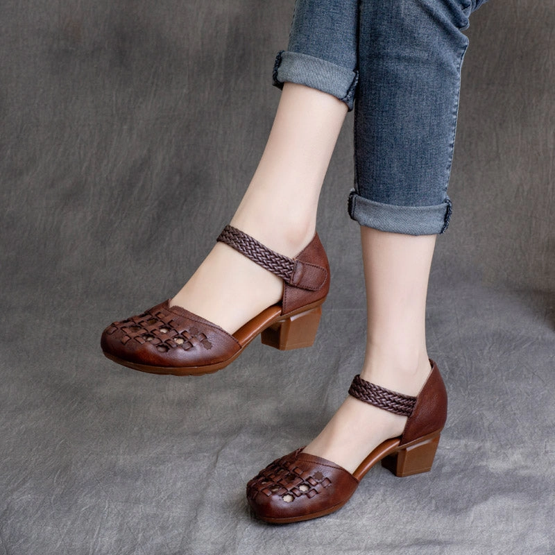 Adjustable Slide Sandals Women Retro Hollow Leather Chunky Heel Sandals