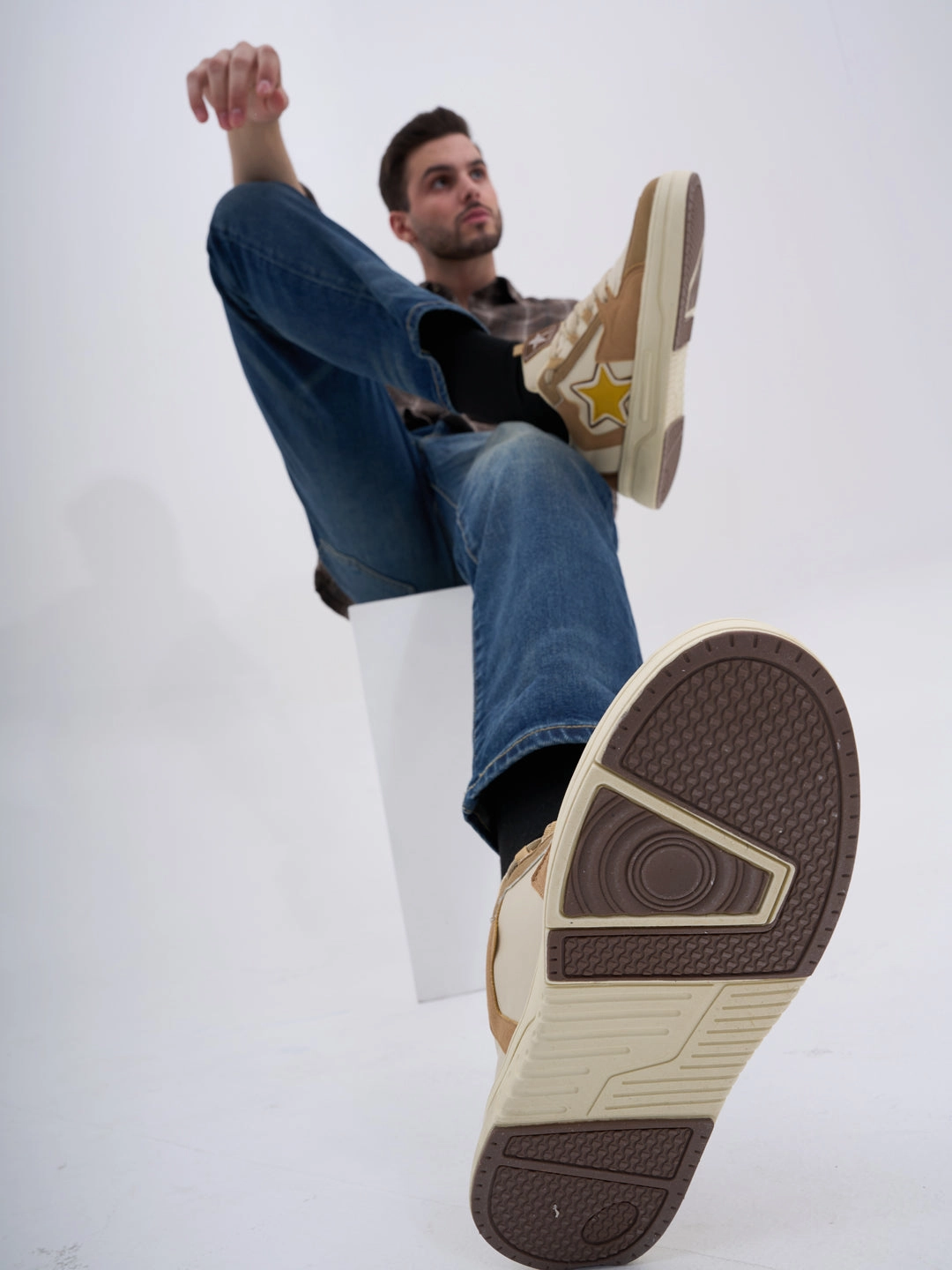 Men Beige Colorblocked Mid Top Breathable Lace-Up Sneaker Shoes|Memory Cushion Casual Shoes|Chunky Streetwear Fashion Sneakers Originals Ozweego Casual