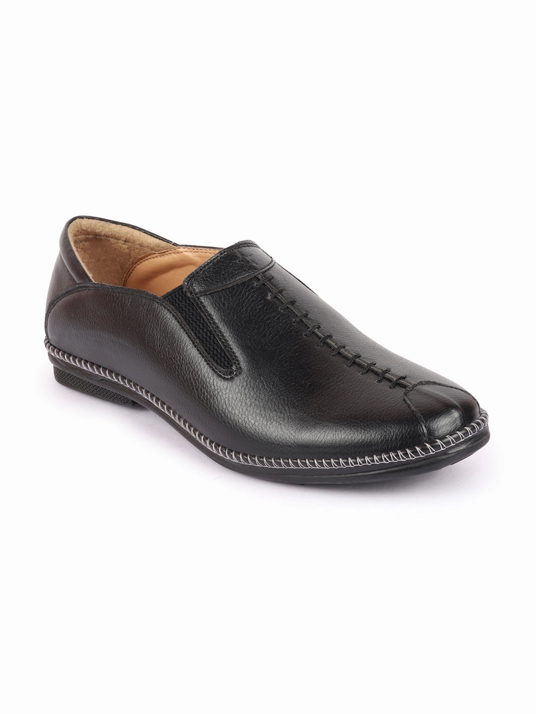 Men Black Casual Cap Toe Hand Stitched Slip On Shoes Low Drop Casual Shoes