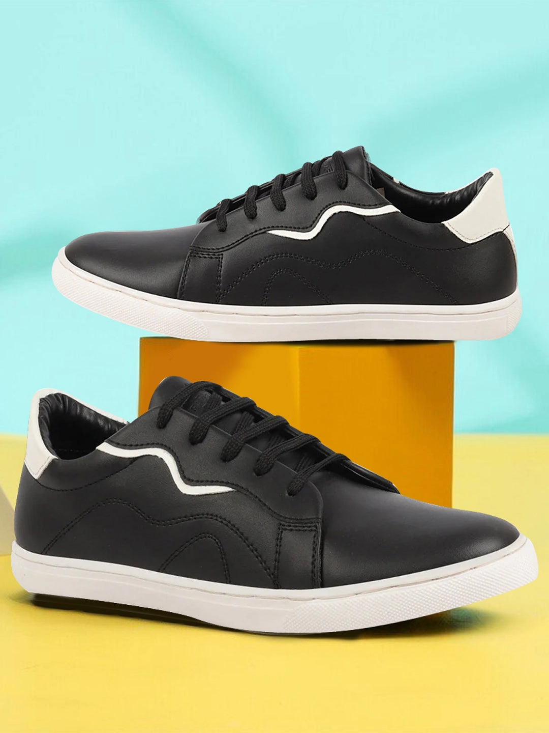 Men Black Classic Lace Up Elevated Look Sneaker Shoes with Contrast Sole|Low Ankle|Casual Shoe Casual Slippers Shoes