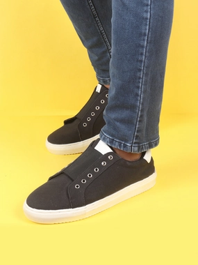 Casual Genuine Leather Shoes Men Black Elastic Closure Comfort Canvas Denim Slip On Sneaker Shoes