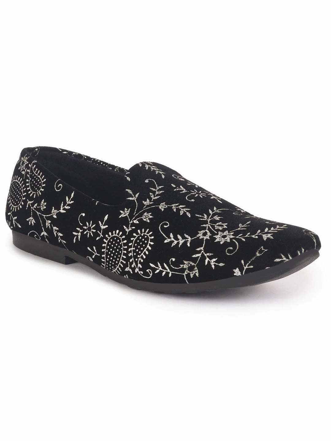 Men Black Floral Embroidered Velvet Ethnic Sip On Loafers for Wedding|Slip On Shoes|Festive Kurta Slip On Shoes Mens Casual