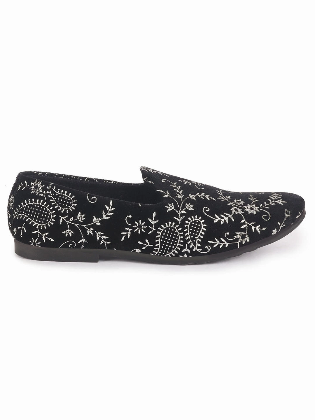 Men Black Floral Embroidered Velvet Ethnic Sip On Loafers for Wedding|Slip On Shoes|Festive Kurta Slip On Shoes Dunham Casual Shoes