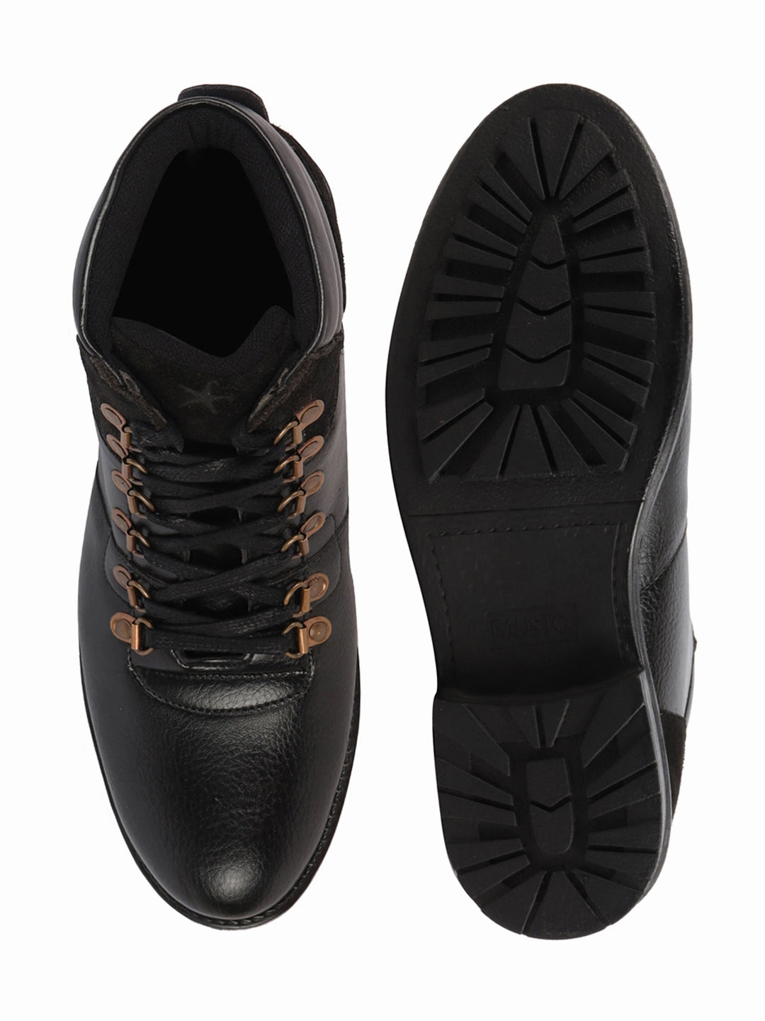 Men Black Genuine Leather 6-Eye Metallic Lace Up Hook Classic High Ankle Boot For Trekking|Biking|Hiking Best Hiking Shoes Companies