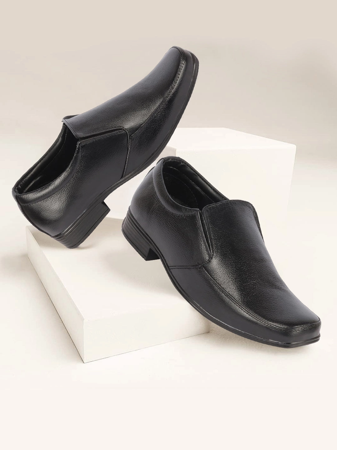 Leather Hiking Shoes Men Black Genuine Leather Formal Office Work Broad Feet Slip On Shoes with Comfort EVA Pad Insole