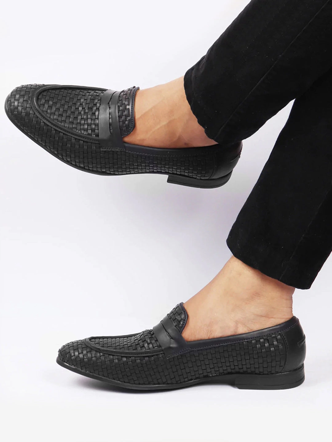 Men Black Hand Knitted Design Penny Loafer Slip On Shoes Casual Shoes Formal