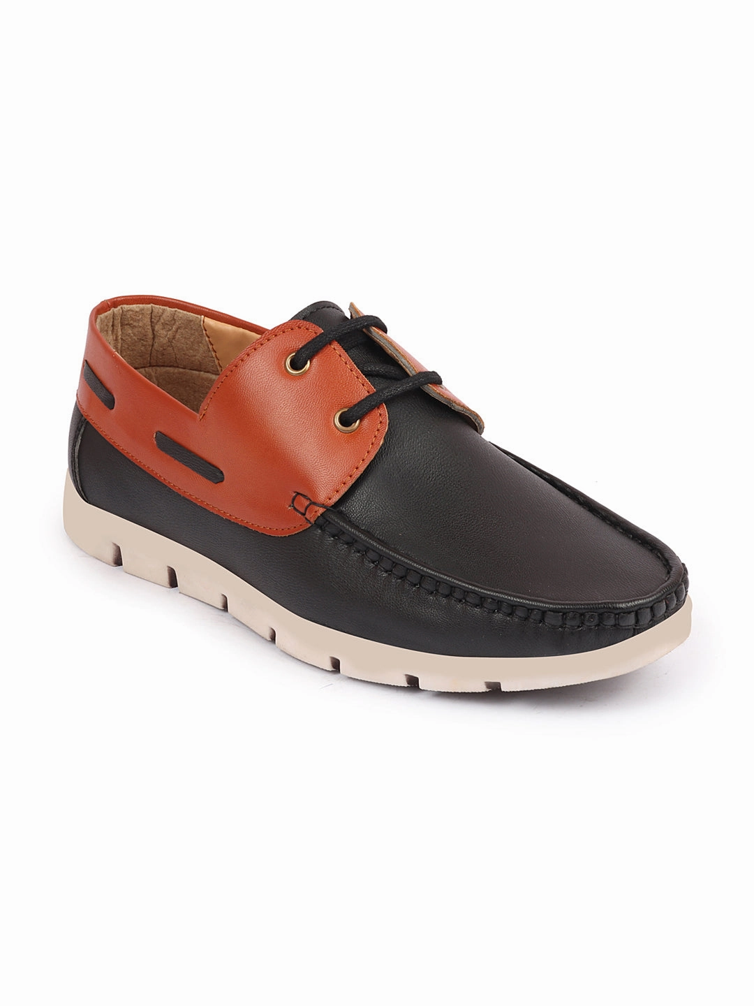 Men Black Side Lace Stitched Design Lace Up Boat Shoes Campus Shoes Casual