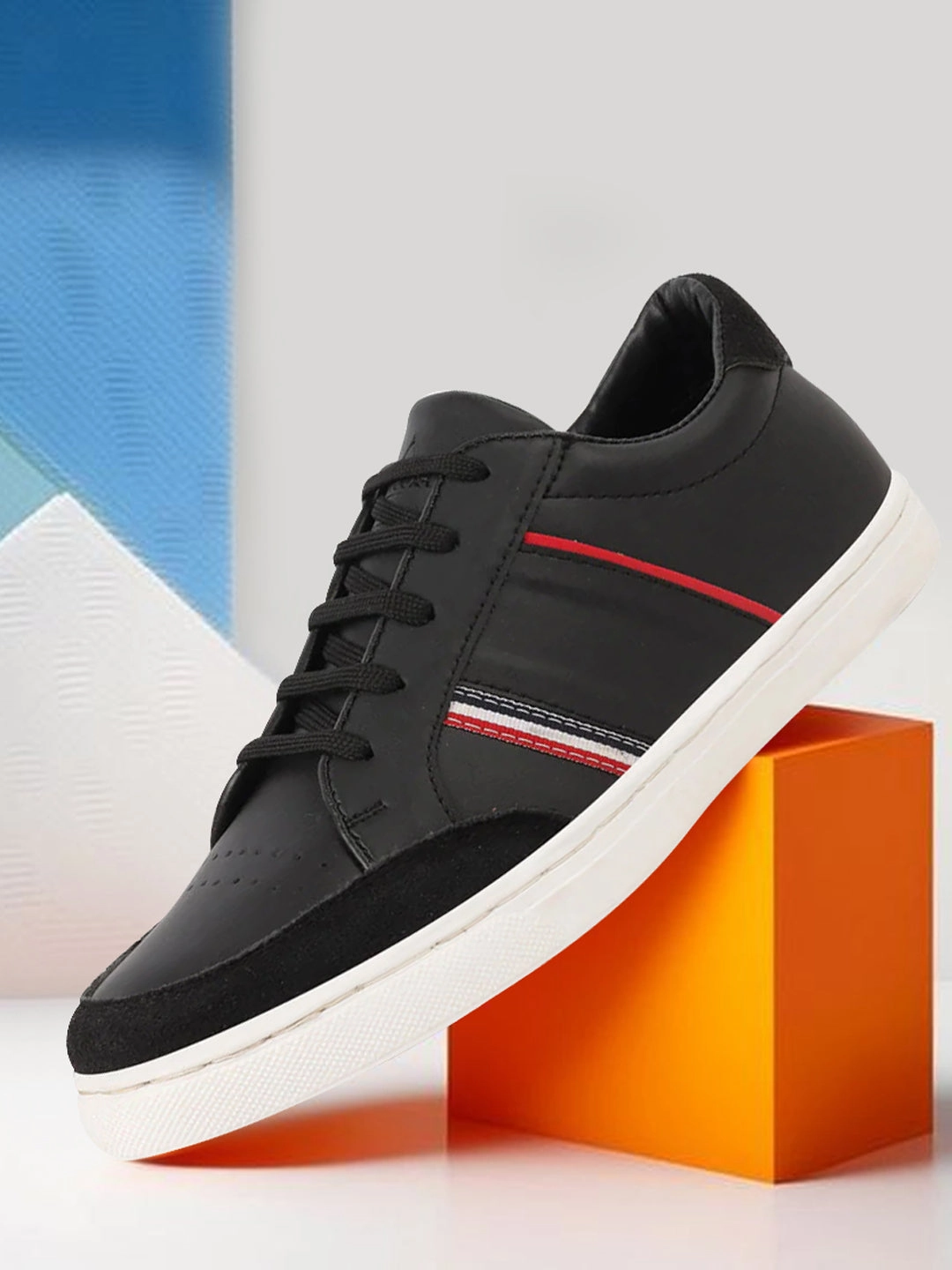 Men Black Striped Lace Up Perforation Low Ankle Sneaker Shoes|Memory Cushion|Classic Shoe|Low Top Casual Online Shoes