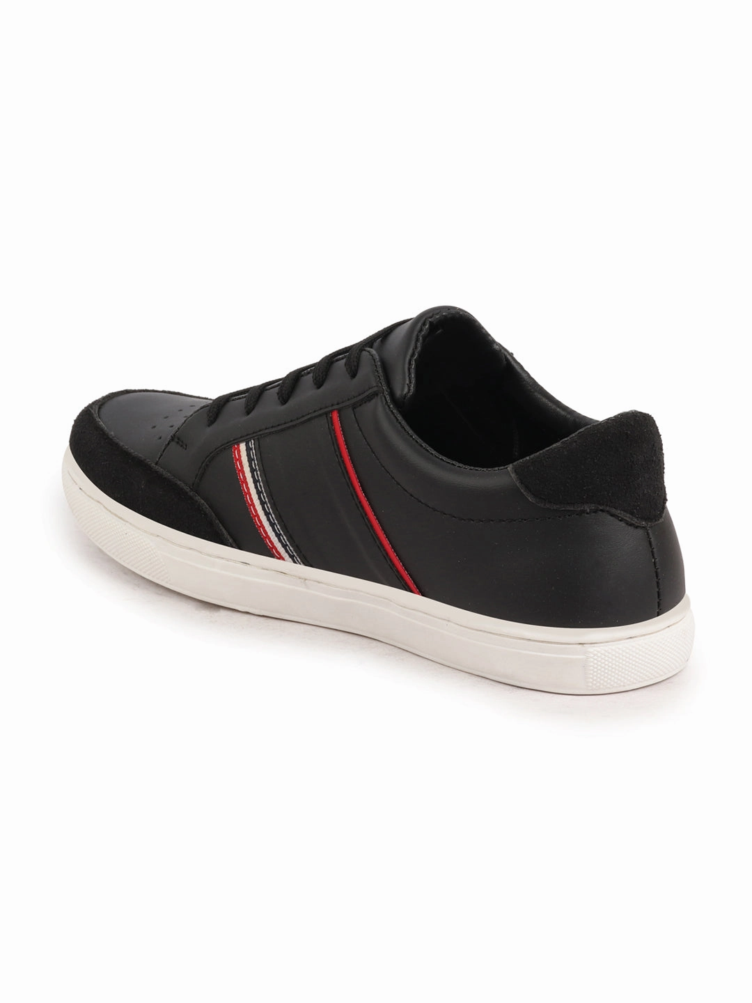 Men Black Striped Lace Up Perforation Low Ankle Sneaker Shoes|Memory Cushion|Classic Shoe|Low Top Casual Dress Code Smart Shoes