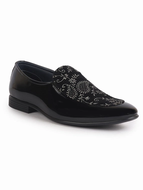 Men Black Velvet Patent Leather Floral Print Classic Party Slip On Shoes|Wedding Shoes|Lightweight Shoes Munro Casual Shoes