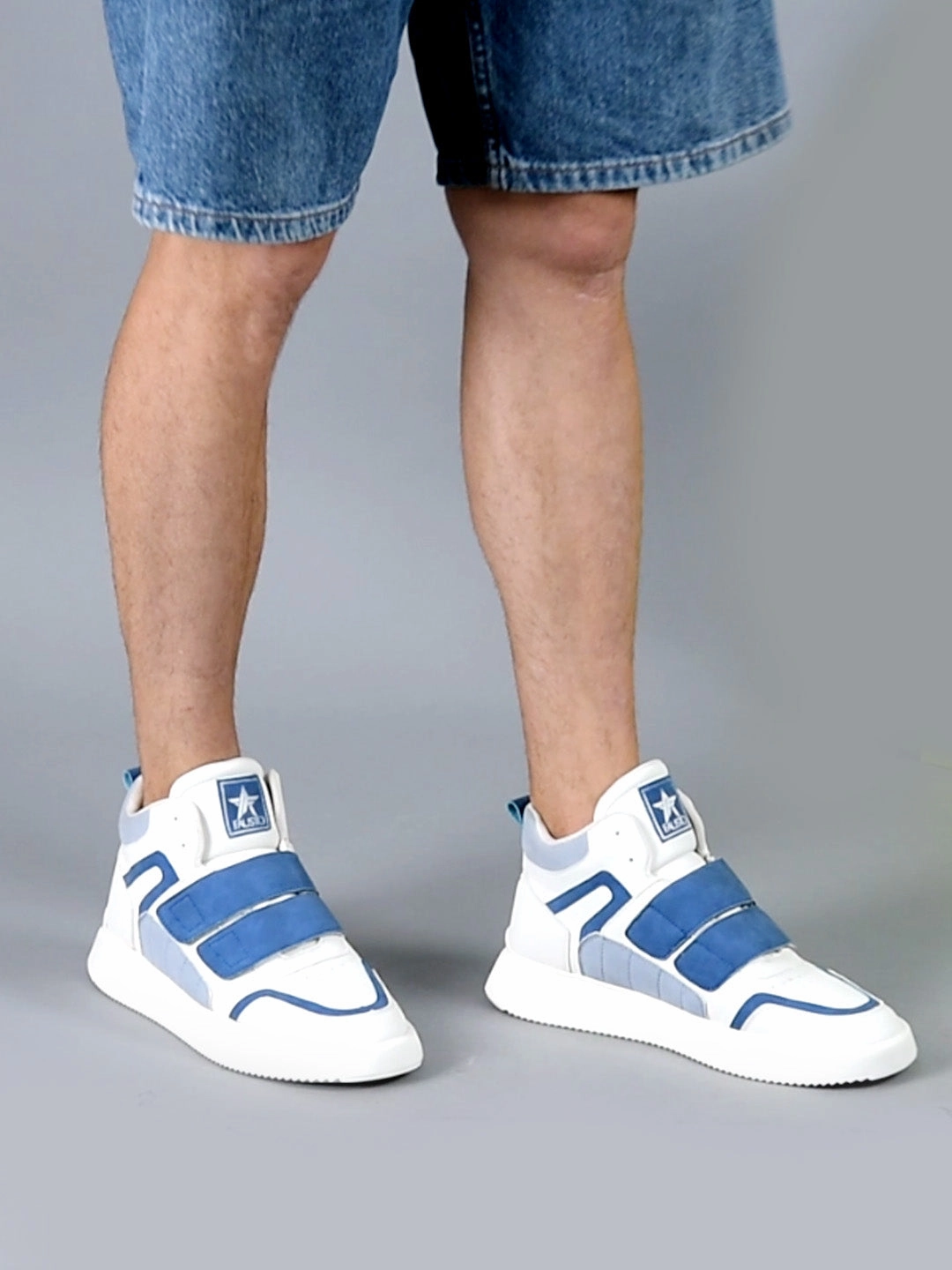 Men Blue Colorblocked High Top Velcro Adjustable Classic Sneakers|Memory Cushion Insole|Street Fashion Hi-Top Sneakers Best Walking Sneakers For Flat Feet