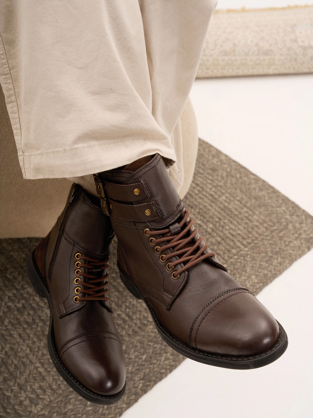 Men Brown 6-Eye Lace Up Genuine Leather High Ankle Adjustable Buckle Strap Winter Boots|Trekking Boots|Hiking Boots Cold Weather Hiking Shoes