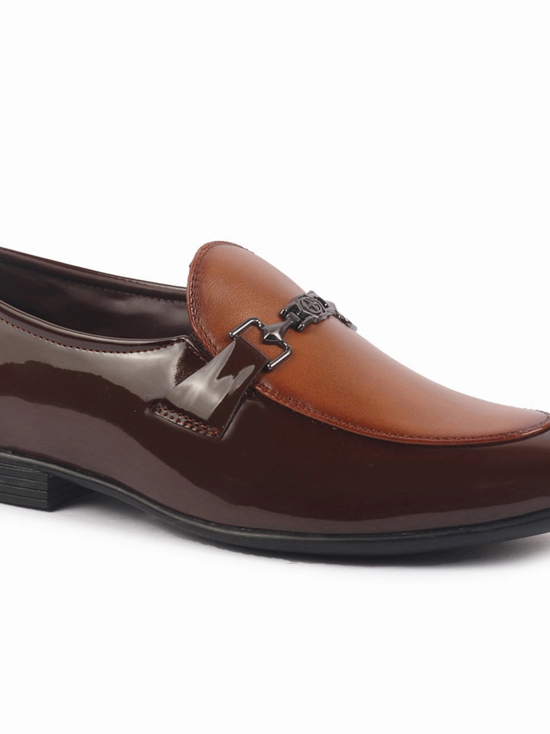 Men Brown Patent Leather Horsebit Buckle Party Formal Slip On Shoes|Tuxedo Slip On Shoe with Comfort Orthopedic Casual Platform Flat Comfort Shoes